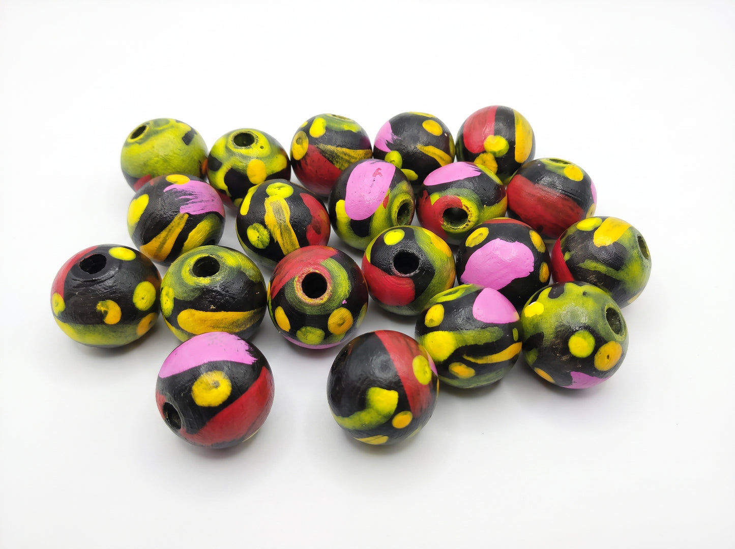 20-PC Black & Multicolor Hand-Painted Wood Beads