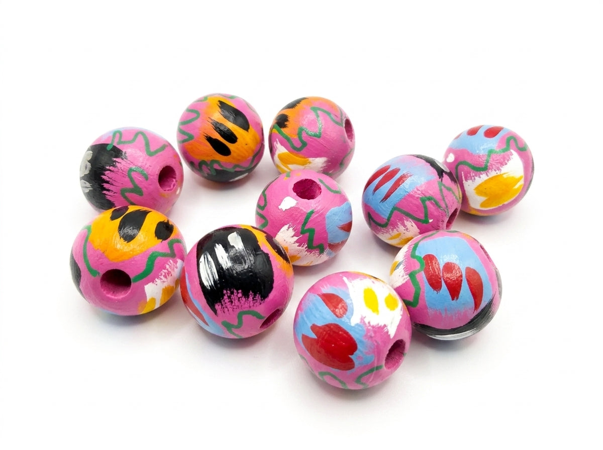 10-PC Vibrant Pink Mixture Hand-Painted Wood Beads