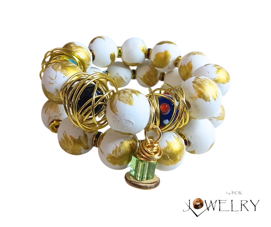 White & Gold Artistic Hand-Painted Wire Beaded Boho Stack