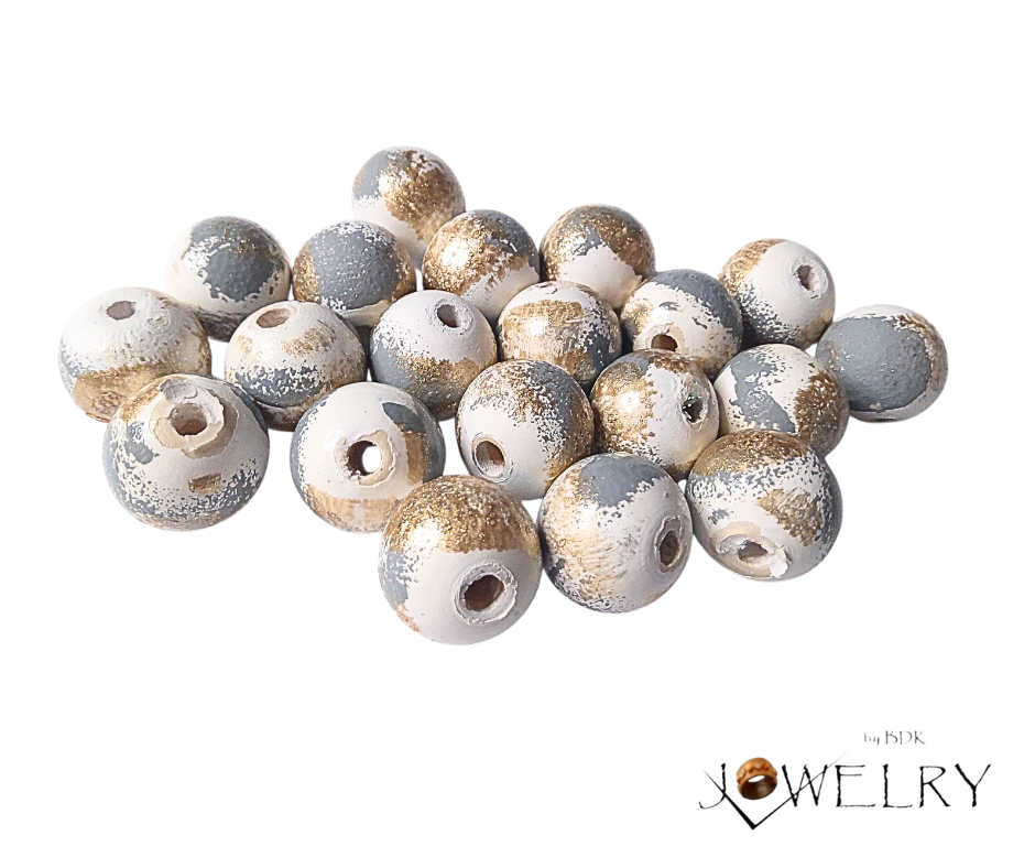 20-Pack Artistic Gold, Gray & White Designer Hand-Painted Beads