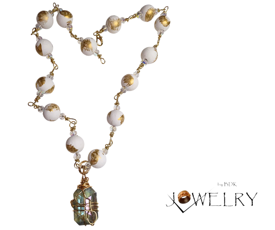 Handmade White & Gold Linked Boho Pendant Necklace