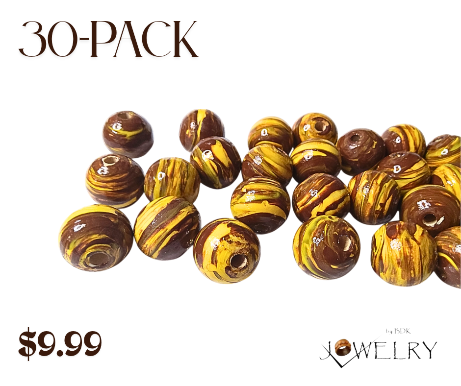 30-Pack Brown & Yellow Swirl Designer Beads