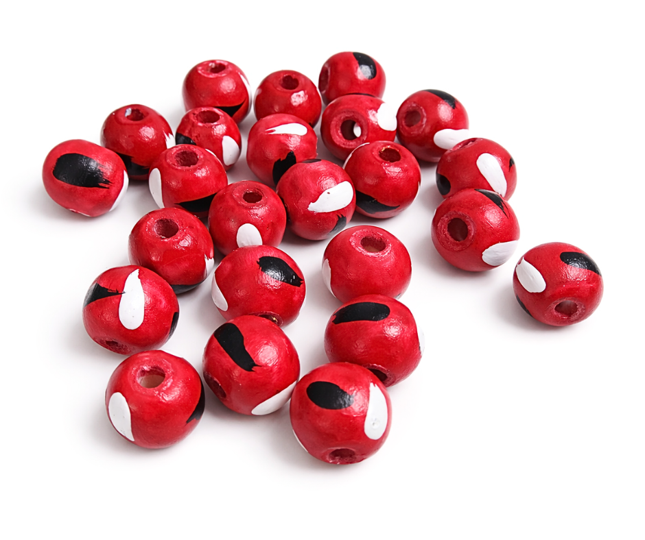 20-PC Cherry Bomb Red, Black & White Hand-painted Wood Beads