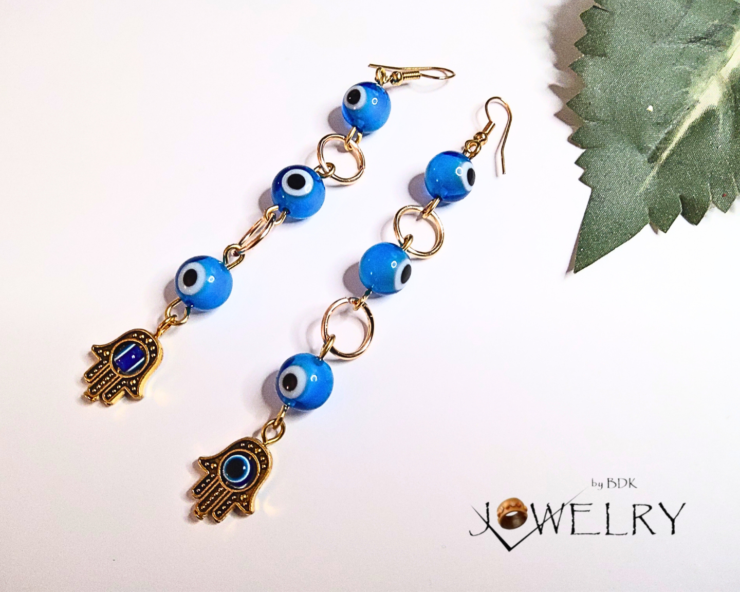 Long Dangle Hamsa Hand Evil Eye Earrings with Blue Beads