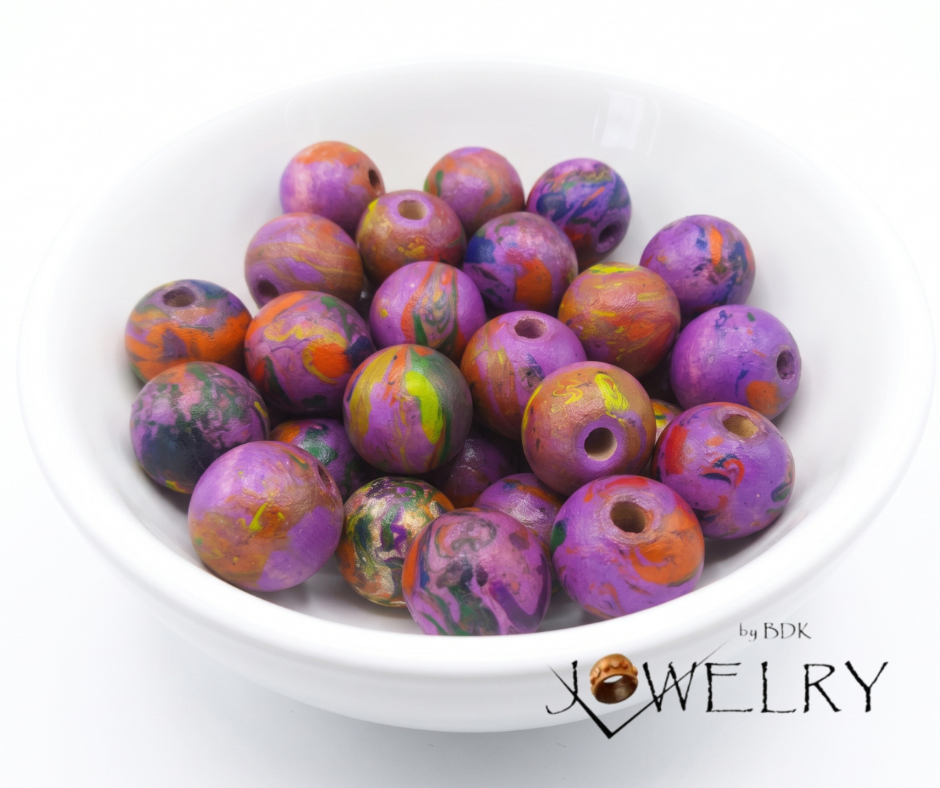 20-PC Purple Marble Hand-Painted Wood Beads