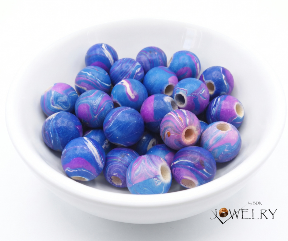20-PC Blue & Purple Marble Hand-Painted Wood Beads