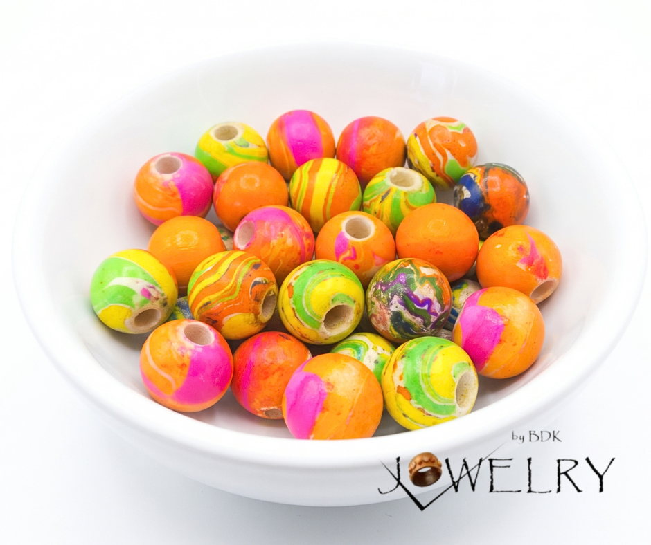20-PC Bright Mixed Orange Hand-Painted Wood Beads
