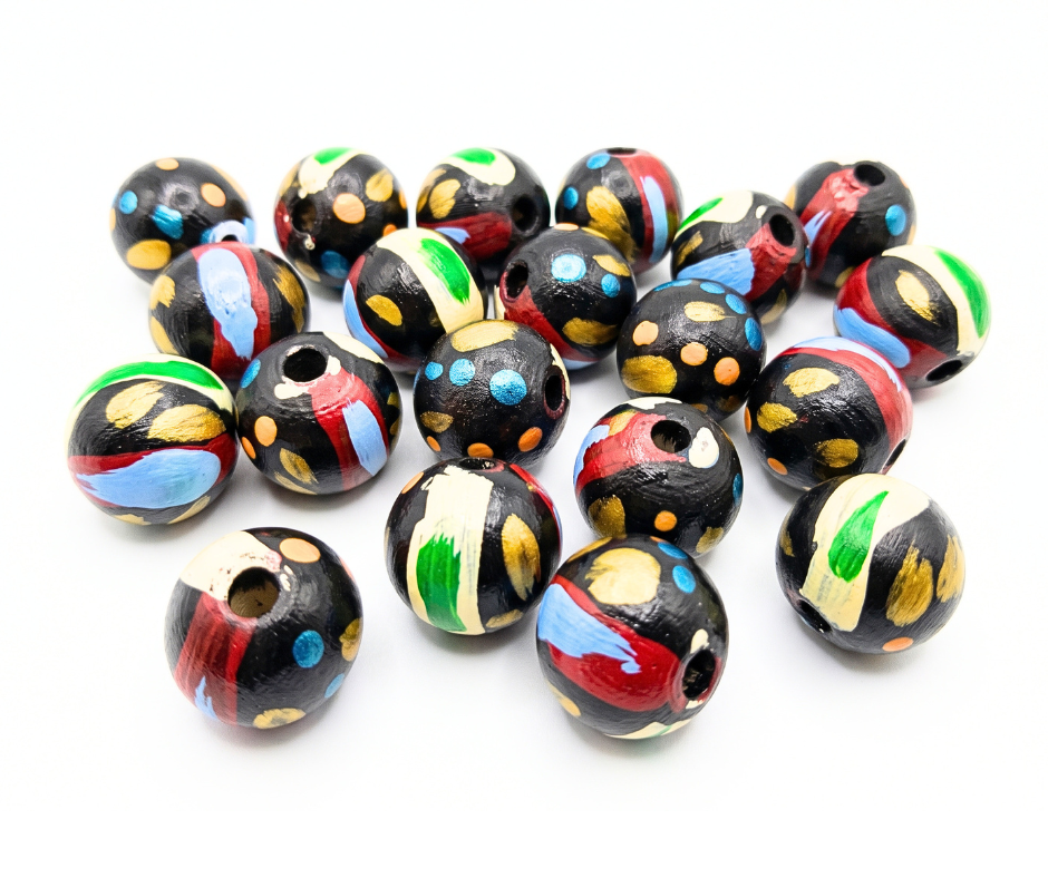 20-PC Black Color Mixed Hand-Painted Wood Beads
