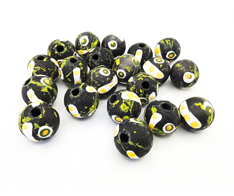 20-PC Black, White & Yellow Hand-Painted Wood Beads