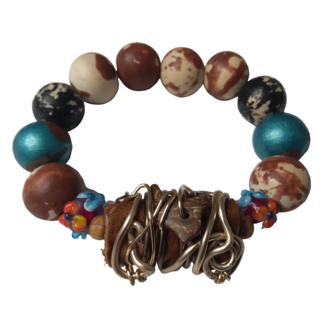 Large Leather Focal Beaded Boho Bracelet