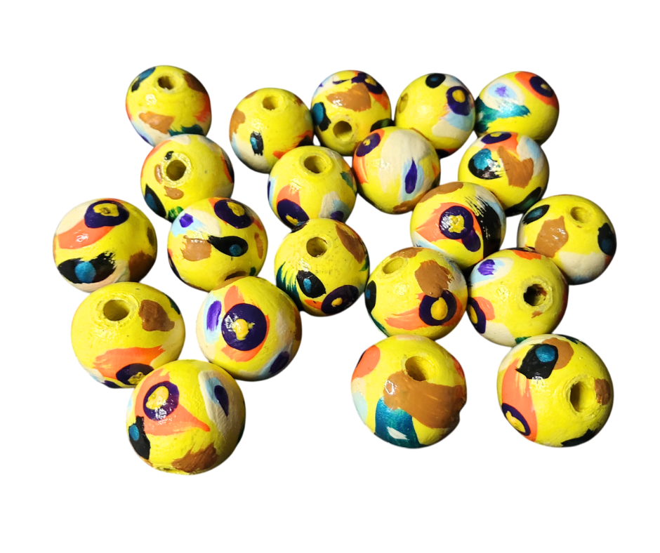 20-PC Yellow Dotted Wood Beads