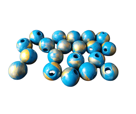 20-PC Blue & Gold Hand-Painted Wood Beads