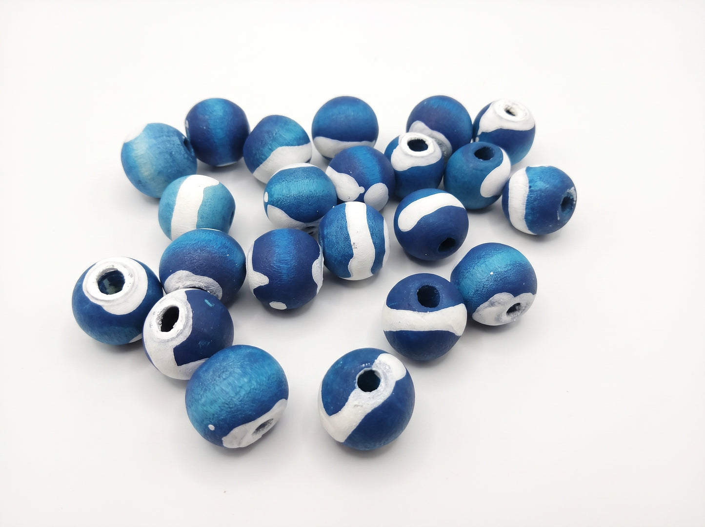 20-PC Washed Blue & White Hand-Painted Wood Beads