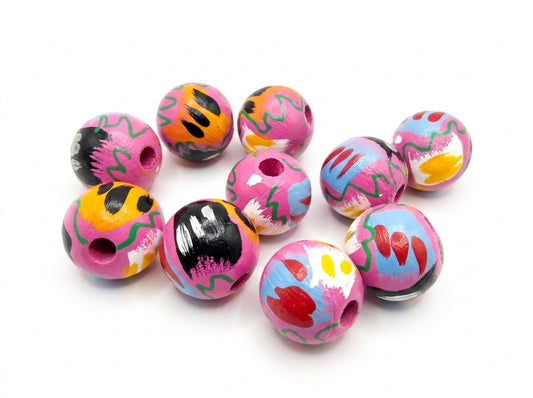 10-PC Vibrant Pink Mixture Hand-Painted Wood Beads