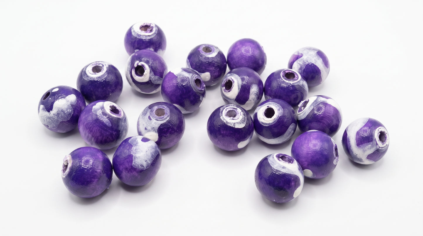 20-PC Purple & White Hand-Painted Beads
