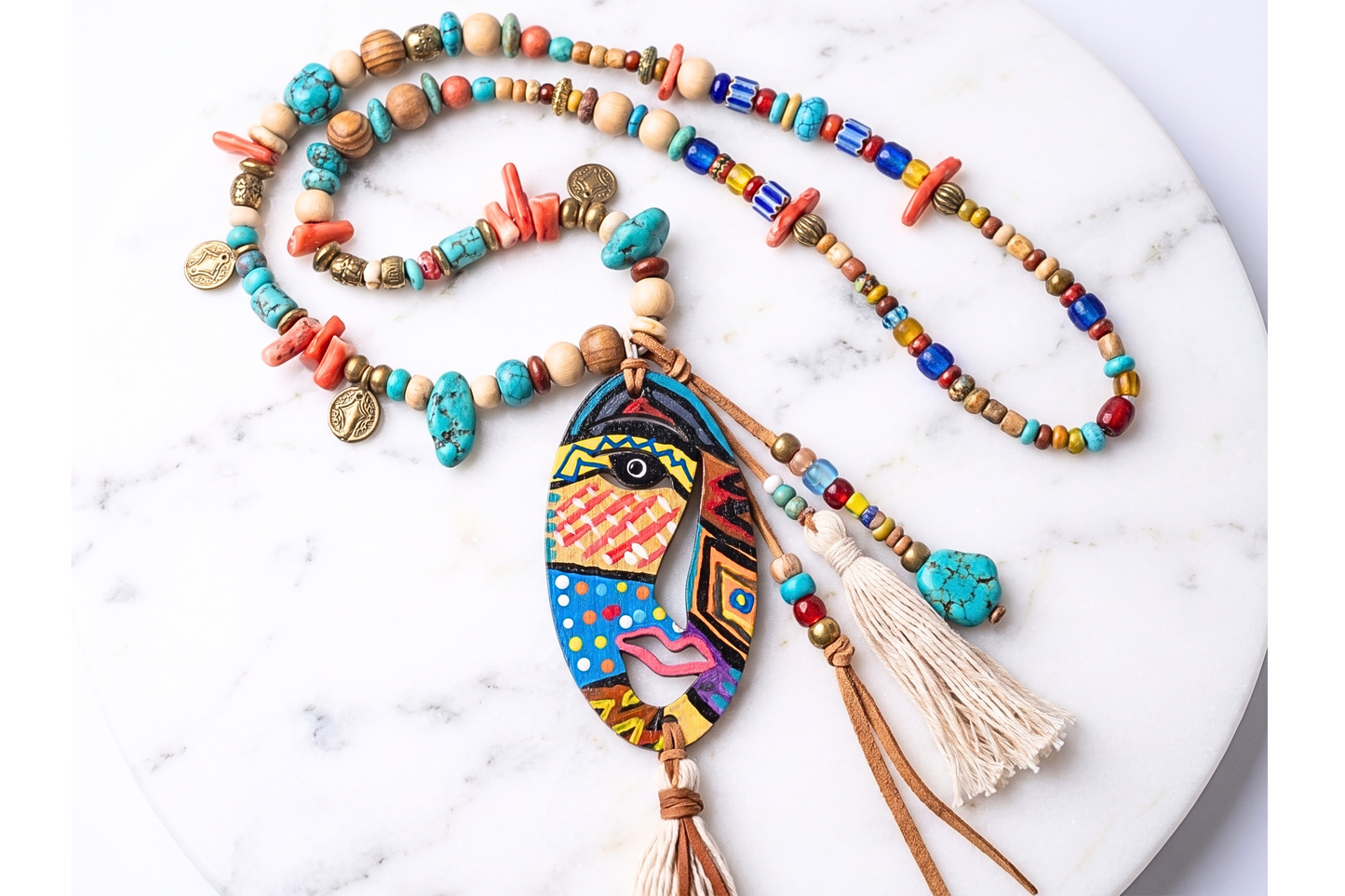 Hand-Painted 4-Inch Wood Face Pendant