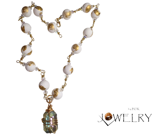 Handmade White & Gold Linked Boho Pendant Necklace