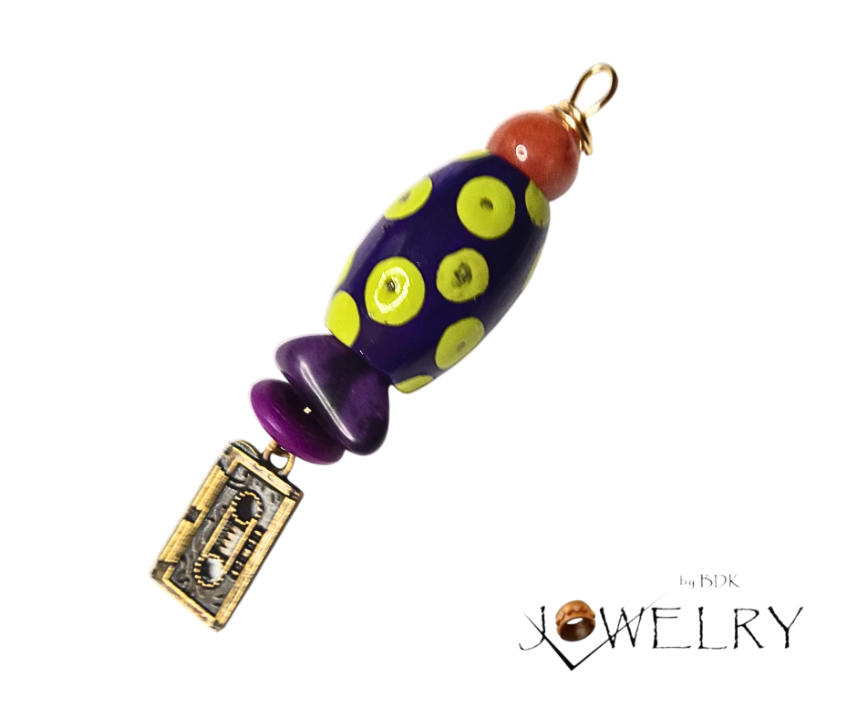 Handmade Statement Pendant – Purple, Lime, and Cassette Drop