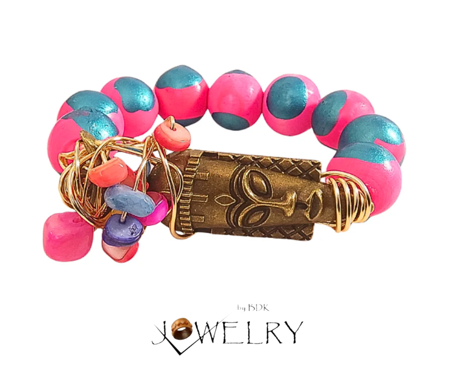 Fuchsia & Teal Bohemian Mask Stretch Bracelet