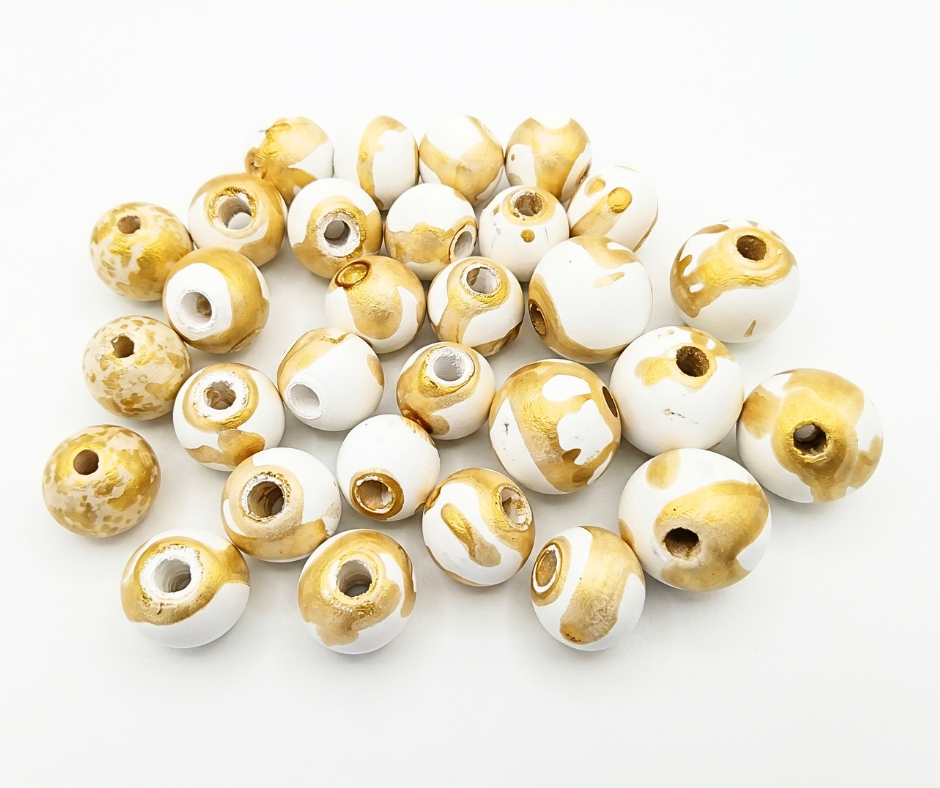 Gold& White Mix of Hand-Painted Wood Beads 30-PC
