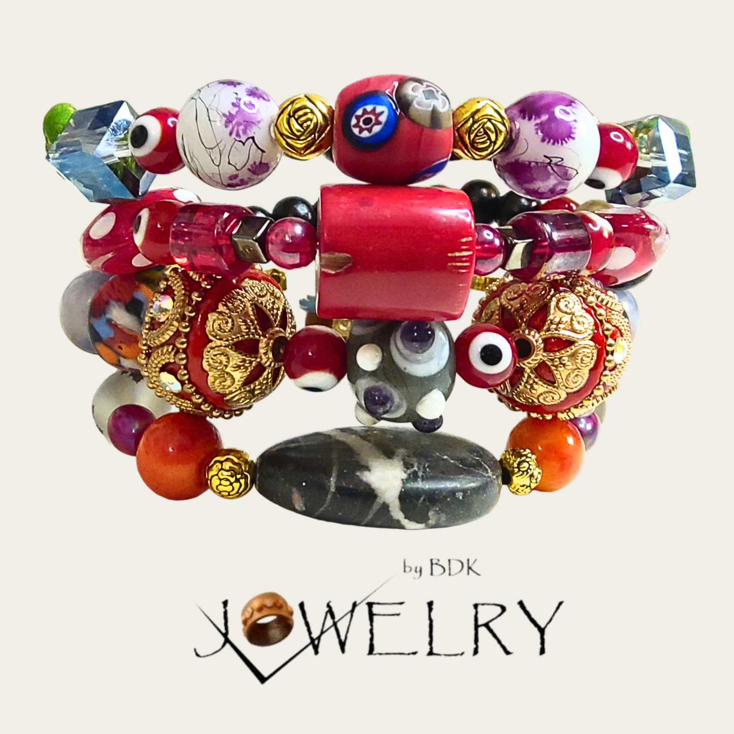 Red Coral, Gemstones & Boho Beads Multi Media Bracelet Set