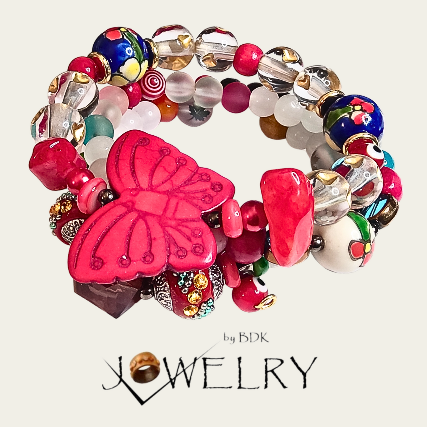 Ceramic Butterfly Focal w/Natural Stones + Multi Media Layered Bracelet Set