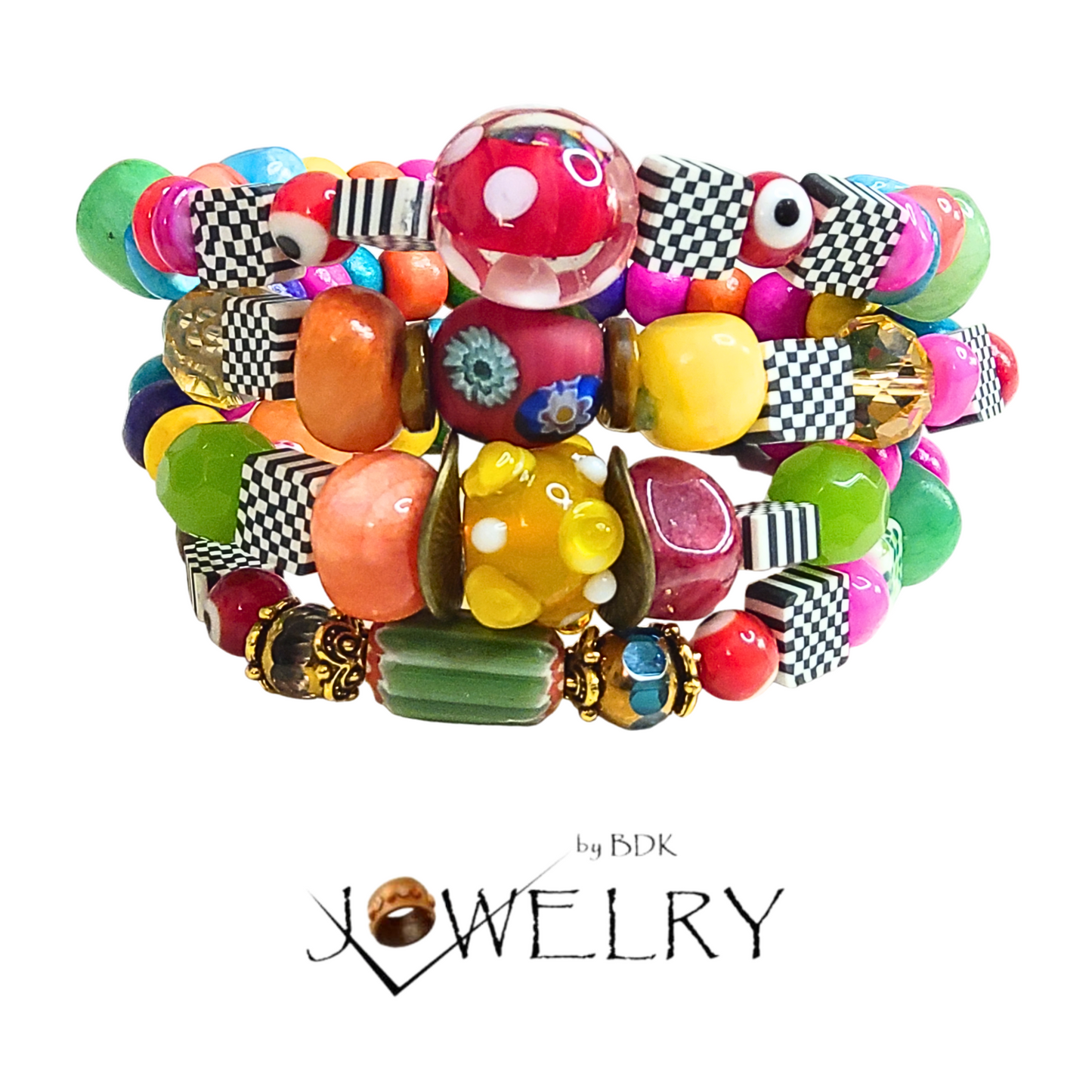 Black & White Checker Rainbow Layered Bracelet Set