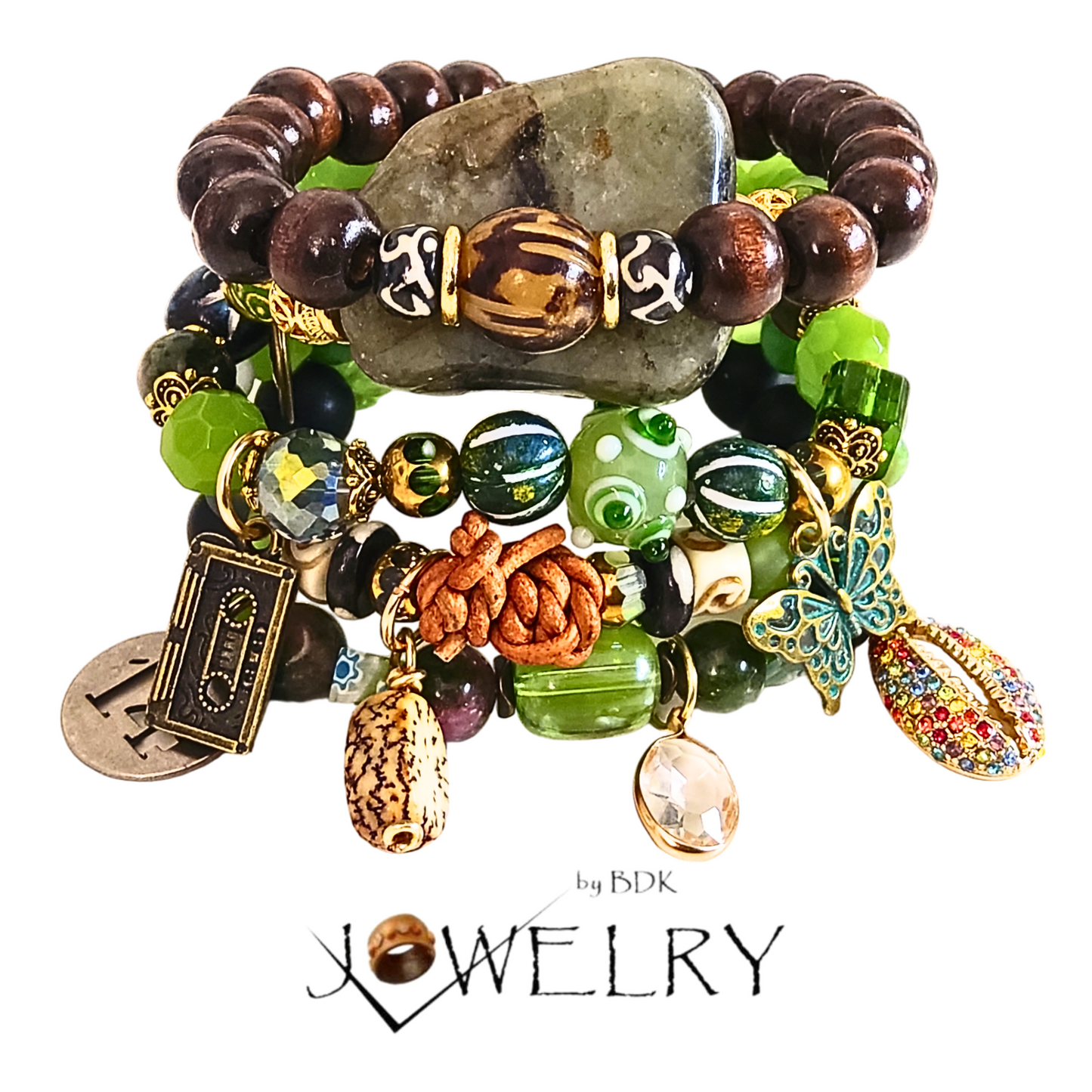 Leather, Gemstone & Salwag Bohemian Layered Bracelet Set