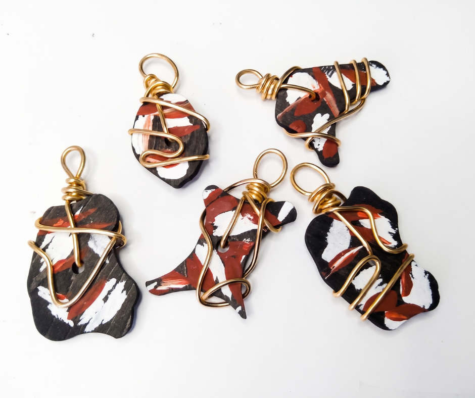 5-PC Cow Print Wire Wrapped Wood Charms