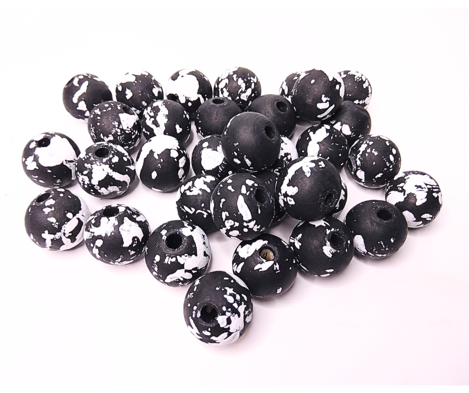 20-PC Black & White Hand-Painted Wood Beads