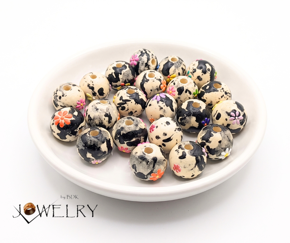 20-PC Color Washed / Flower Accent Wood Beads