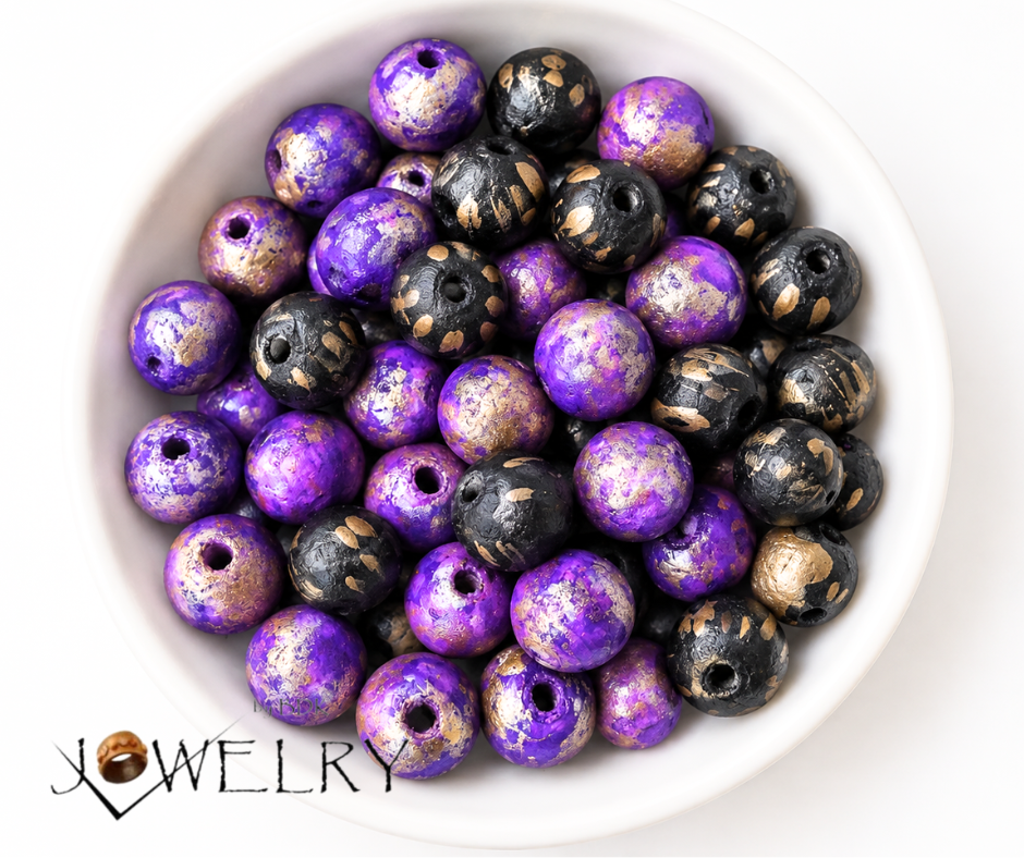 50-PC Purple & Black Gold Accent Hand-Painted Wood Beads