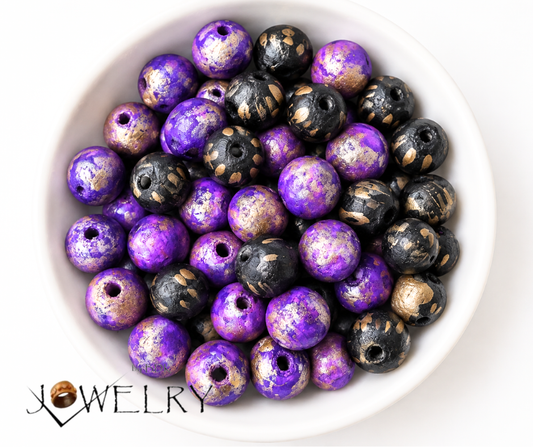 50-PC Purple & Black Gold Accent Hand-Painted Wood Beads