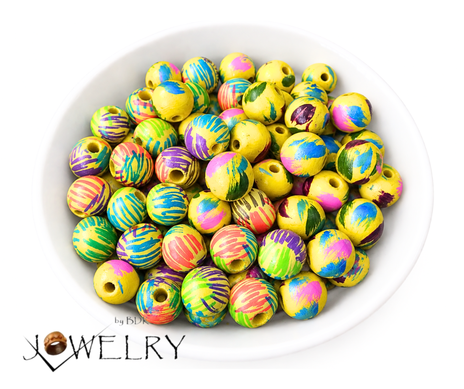 50-PC Yellow Hand-Painted Wood Beads