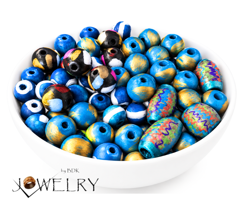 50-PC Hand-Painted Blue Mixture Wood Beads