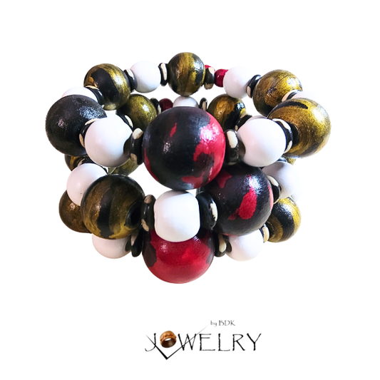 1-PC Men’s Red, Black, White & Gold Beaded Bracelet
