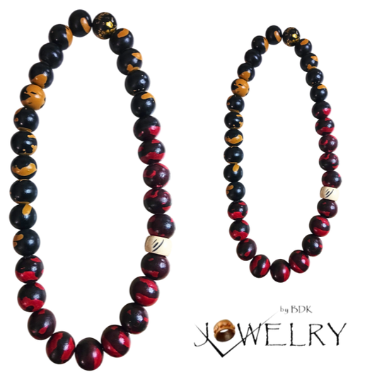 1-PC Men’s Red, Black, Light Tan & Bone Beaded Necklace