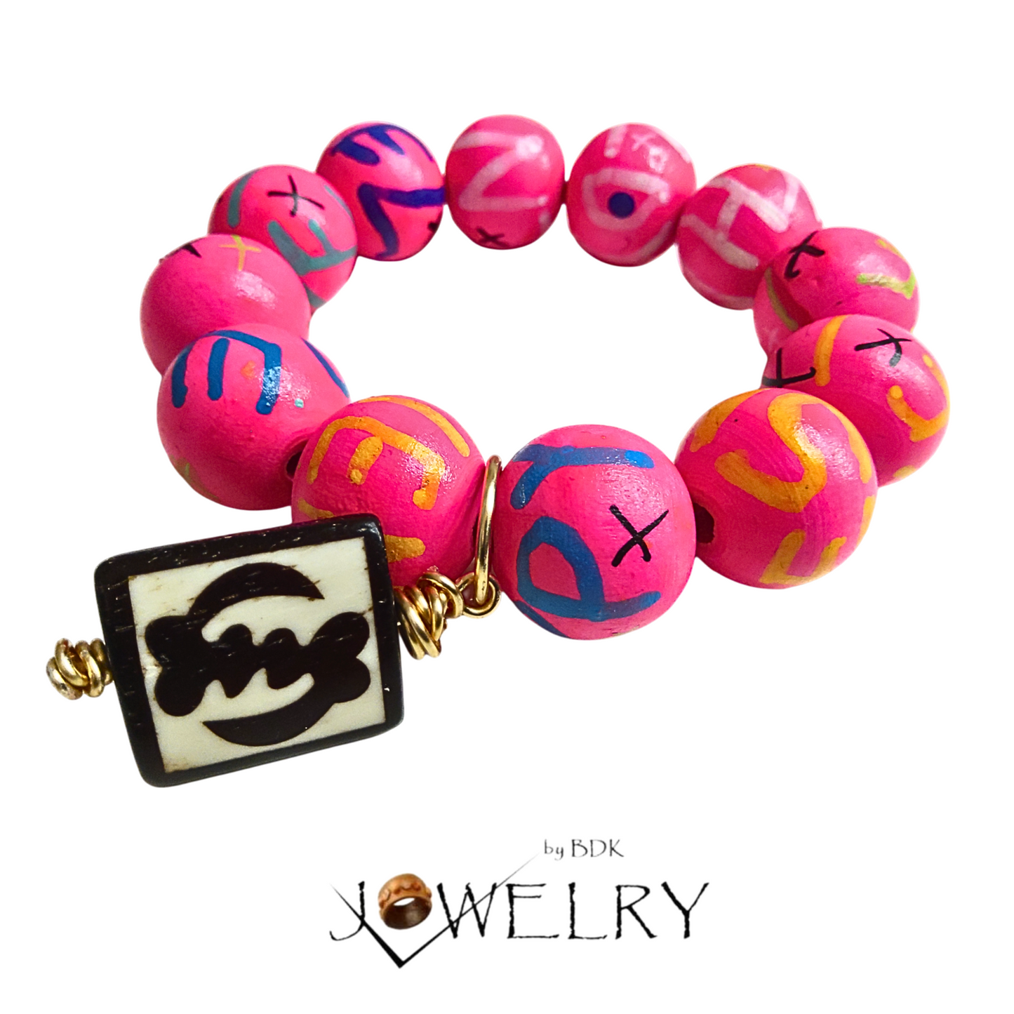 Beautiful Pink Letter Hand Painted Beaded Adinkra Gye Nyame Bracelet