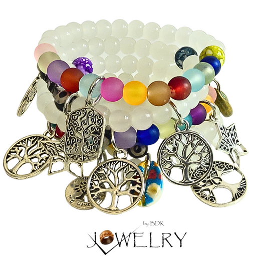 Multicolor Glass & Agate Beaded Tree of Life Bracelet Set