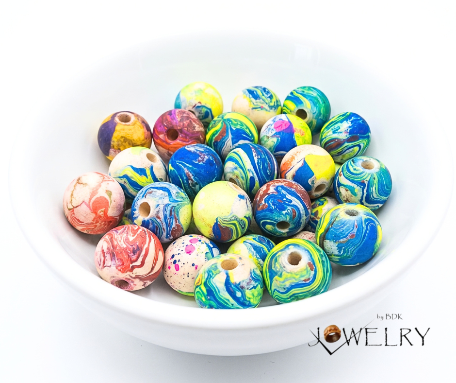 20-PC Mixed Marble Hand-Painted Wood Beads