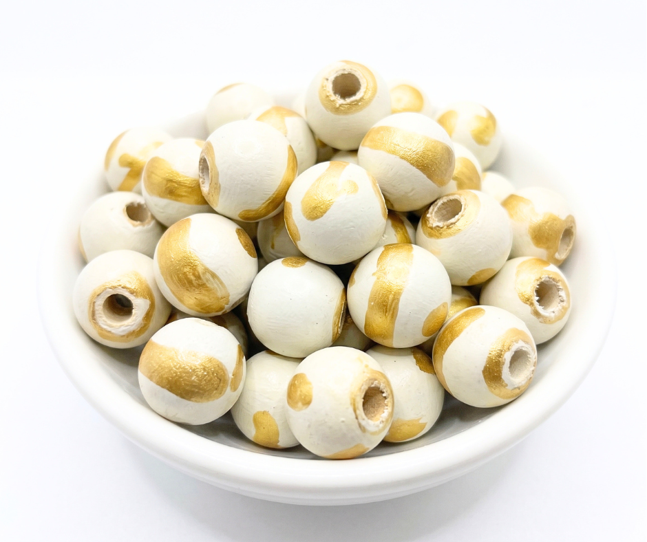 20-PC White & Gold Hand-Painted Wood Beads