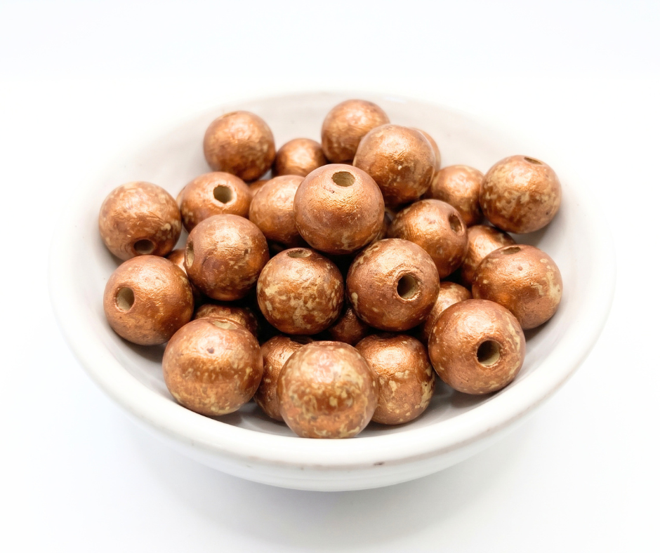 20-PC Distressed Bronze Hand-Painted Wood Beads