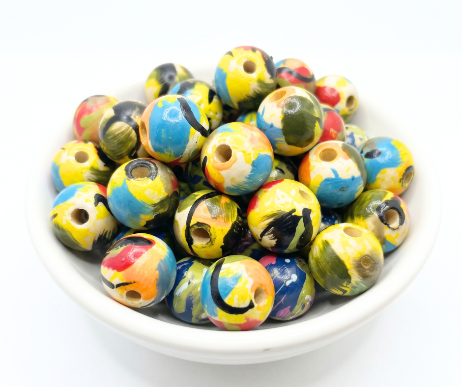 20-PC Hand-Painted Wood Multicolor Beads