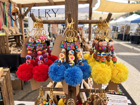 BLUE: Teacher Appreciation Pom Pom Keychain – Colorful Beaded Purse Charm with Smiley Face & Heart Accents