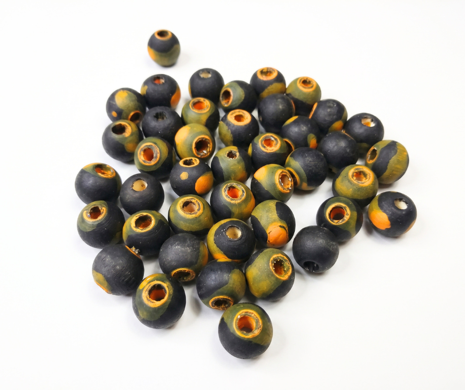 40-PC Black & Orange Hand-Painted Wood Beads