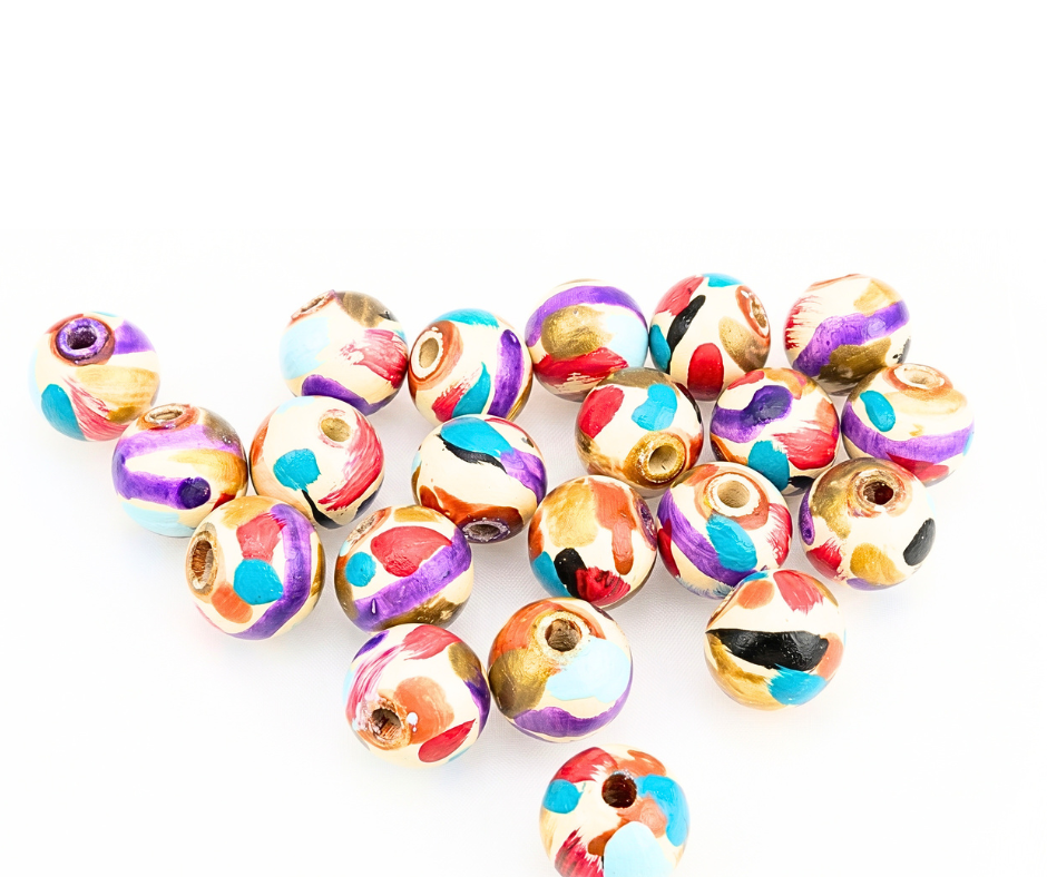 20-PC Cream & Multicolored Hand-painted Wood Beads