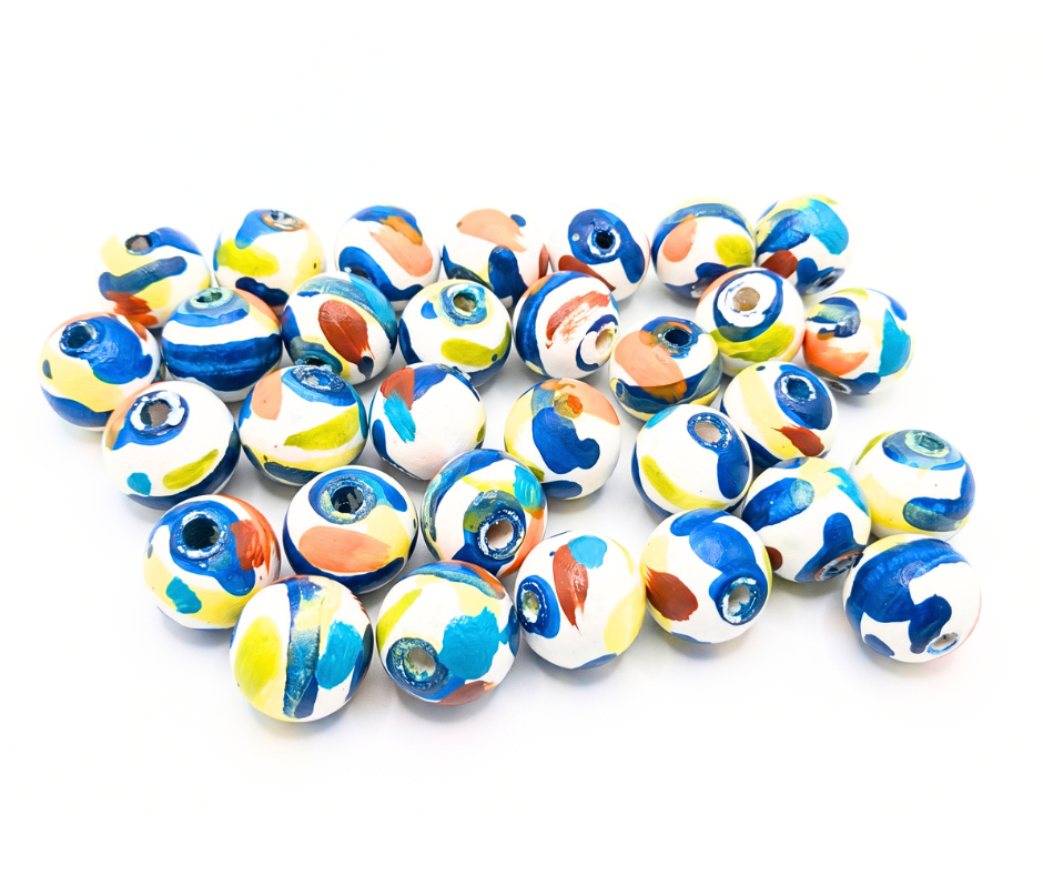 20-PC Blues & Multicolored Hand-painted Wood Beads