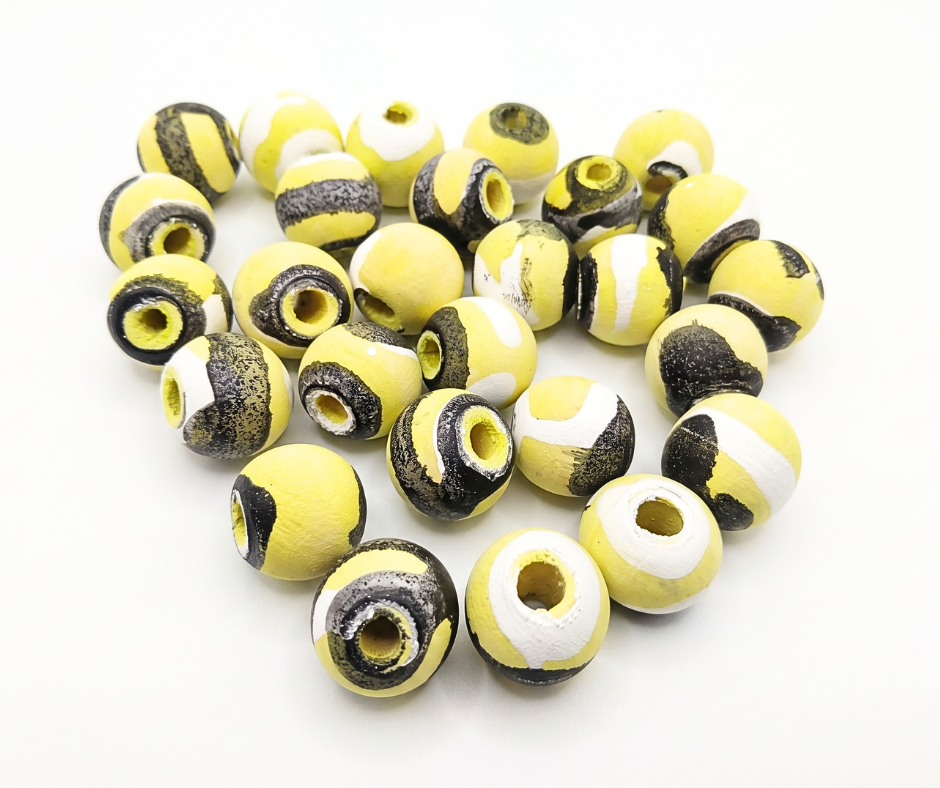 20-PC Yellow, Black & White Mixture Hand-Painted Wood Beads