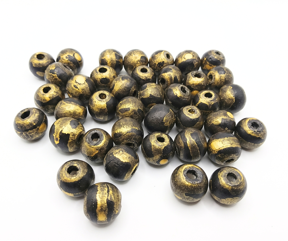 20-PC Black & Gold Wood Beads