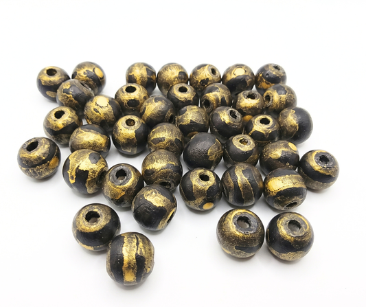 20-PC Black & Gold Wood Beads